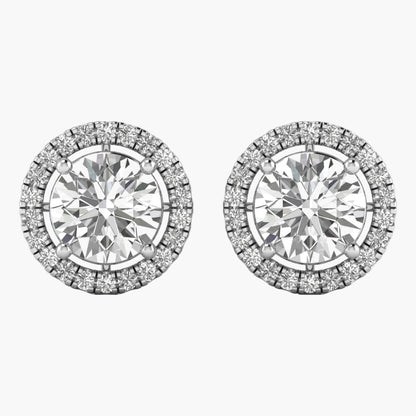 Pair of round diamond stud earrings on a white background