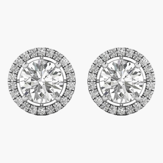 Pair of round diamond stud earrings on a white background