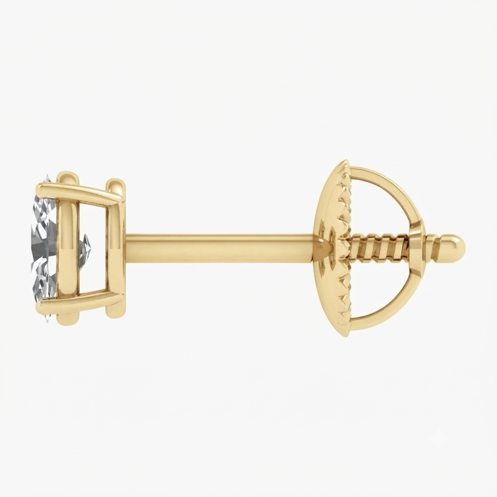 A single gold stud earring with a bezel-set clear gemstone, shown from a side profile view against a plain white background.