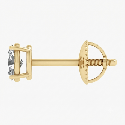 A single gold stud earring with a bezel-set clear gemstone, shown from a side profile view against a plain white background.