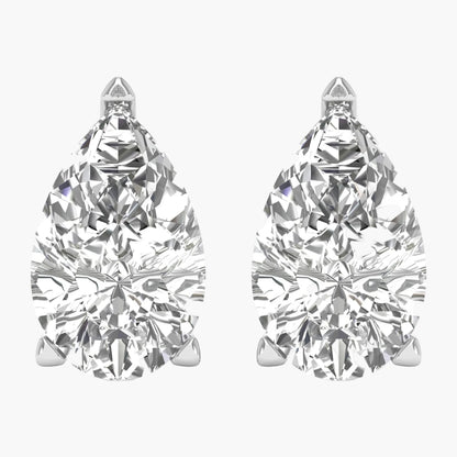 Pair of pear-shaped diamond earrings on a white background