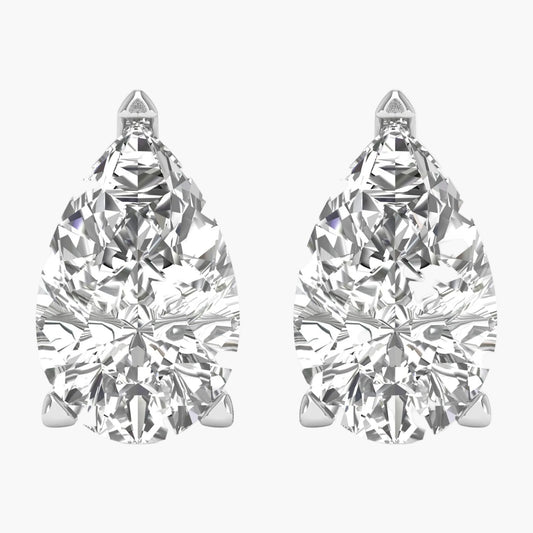 Pair of pear-shaped diamond earrings on a white background