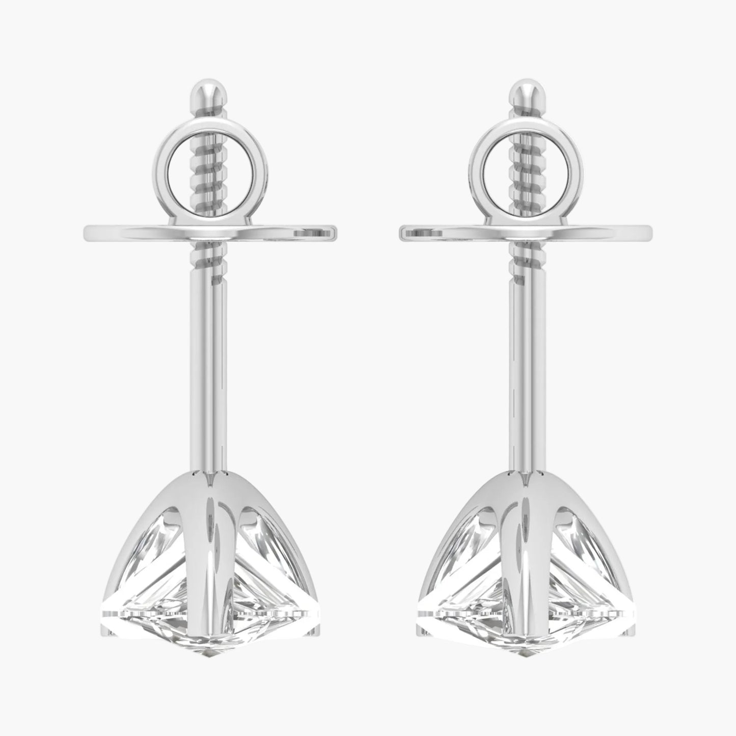 Pair of silver earrings with a geometric design on a white background