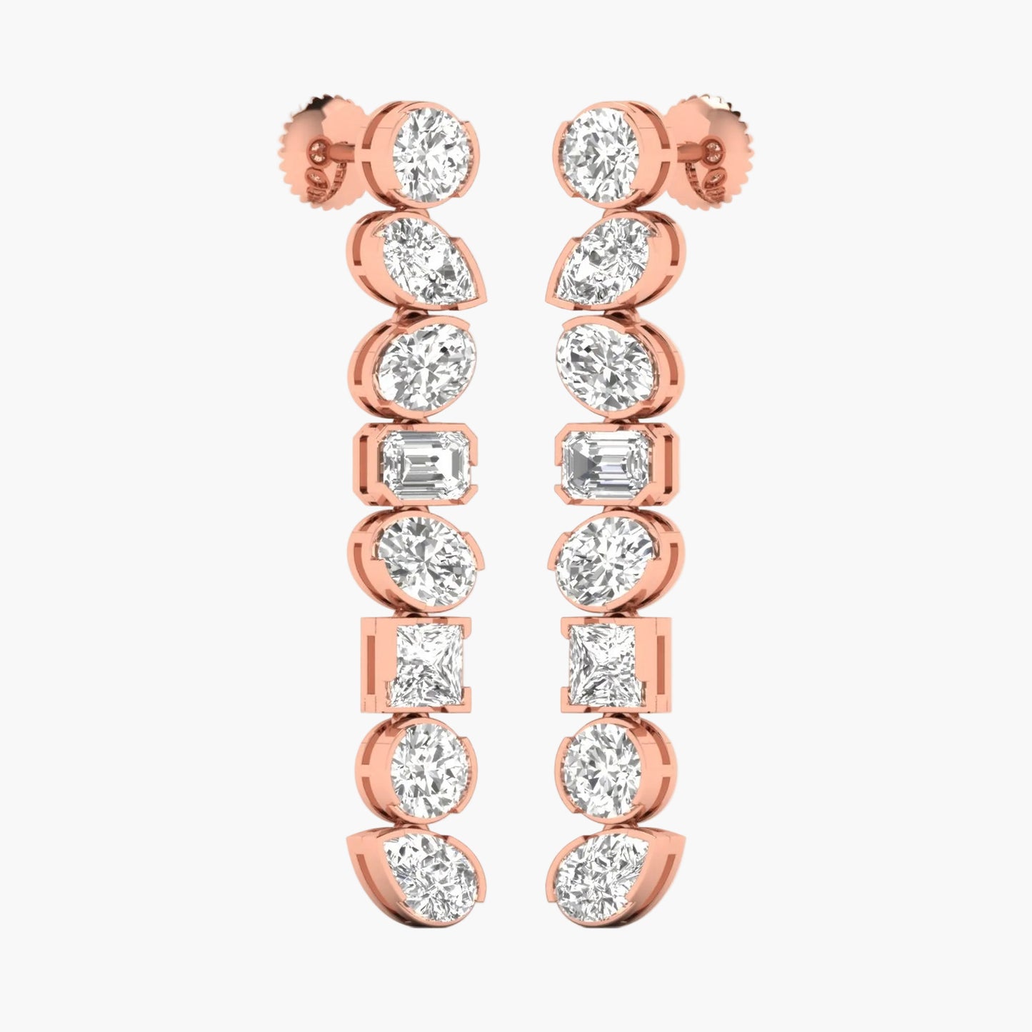 Rose gold earrings with clear gemstones on a white background