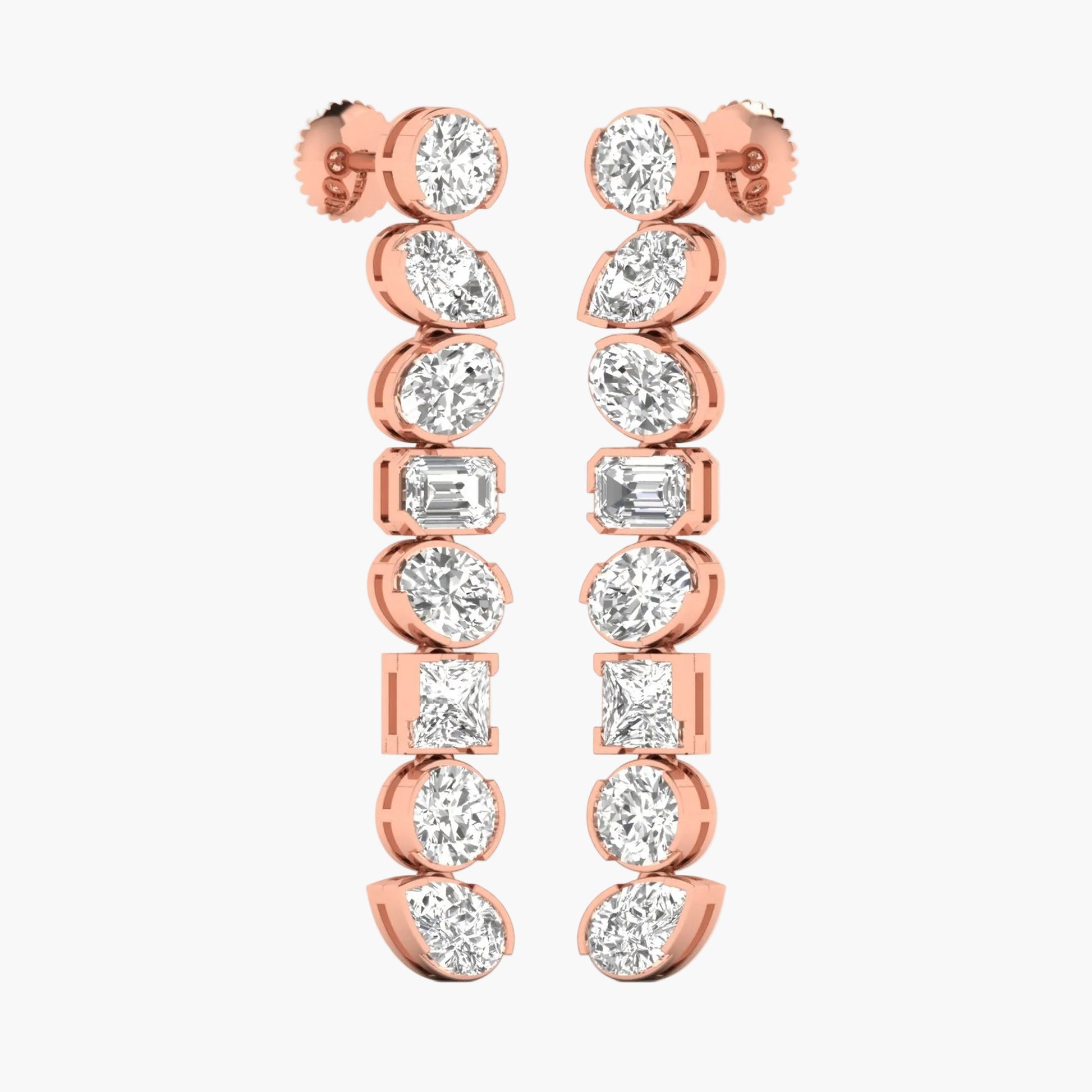 Rose gold earrings with clear gemstones on a white background