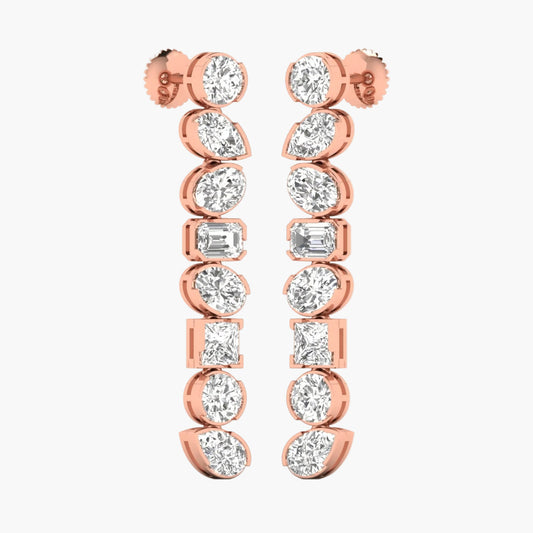 Rose gold earrings with clear gemstones on a white background