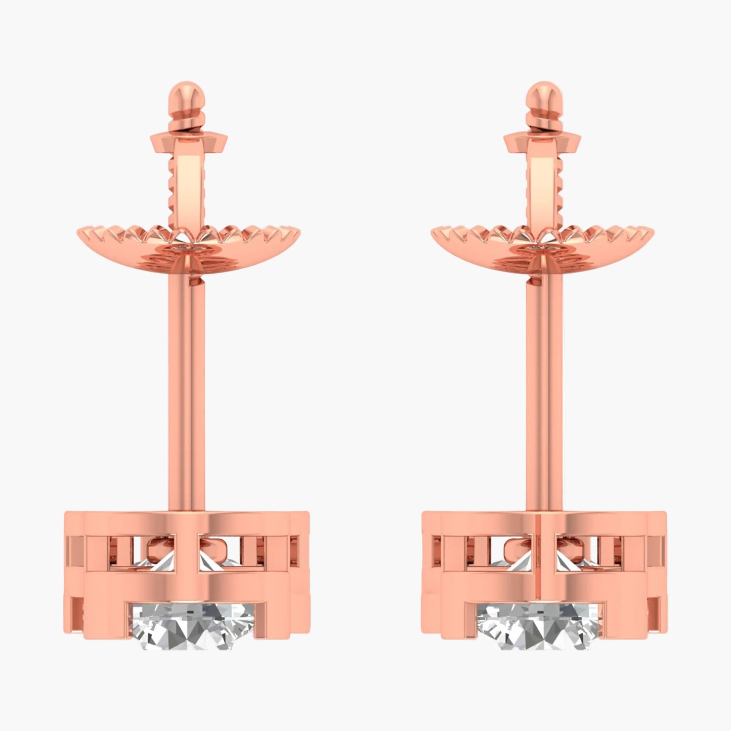 Rose gold earrings with clear gemstones on a white background
