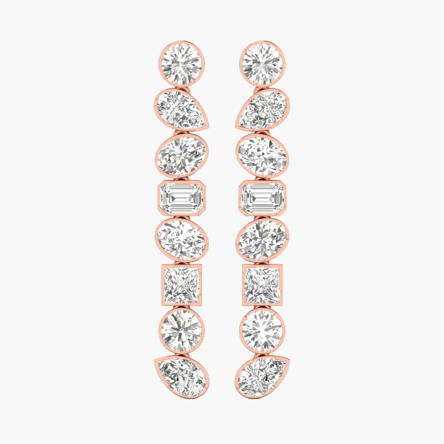 Rose gold earrings with clear gemstones on a white background