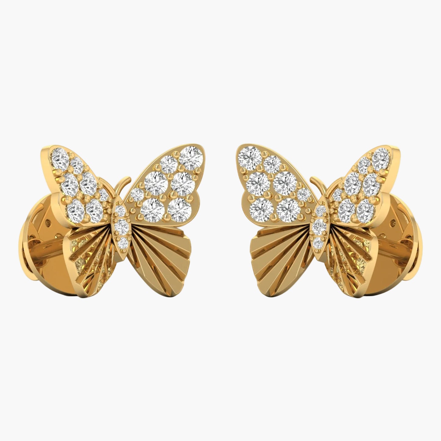 Gold butterfly earrings with diamond accents on a white background