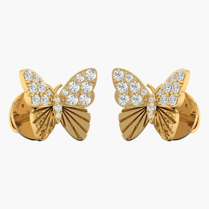 Gold butterfly earrings with diamond accents on a white background