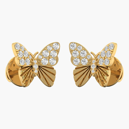 Gold butterfly earrings with diamond accents on a white background