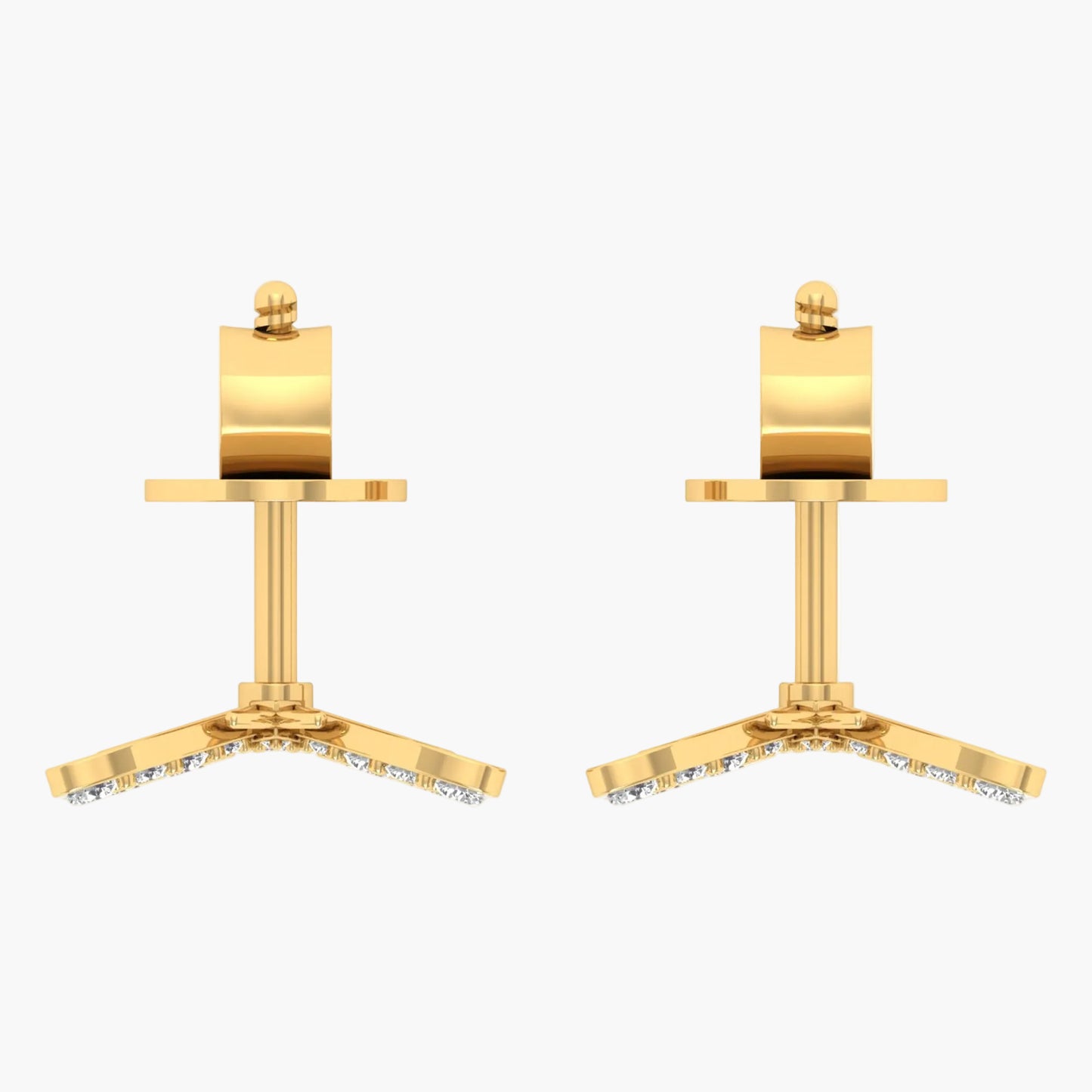 Gold earrings with a geometric design on a white background