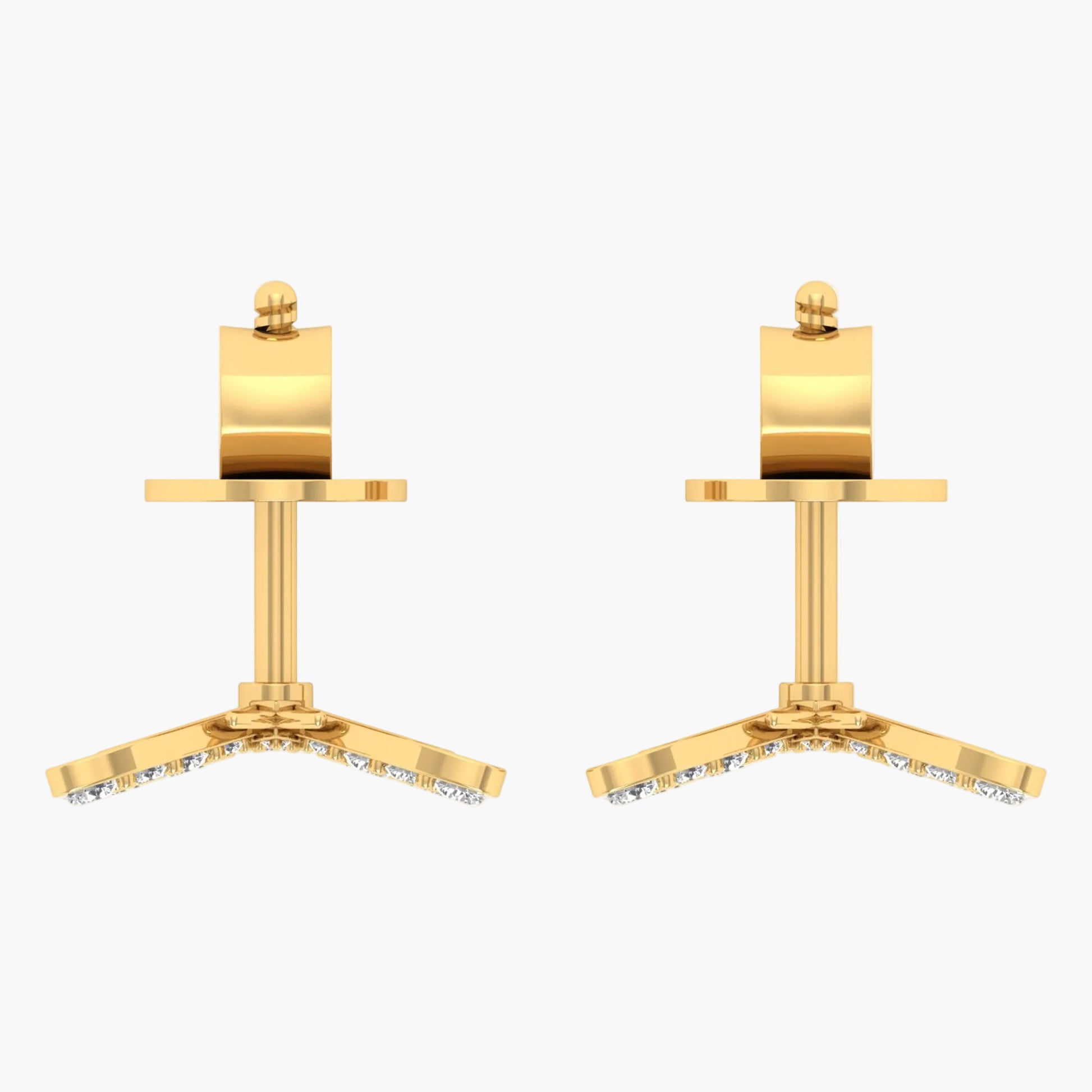 Gold earrings with a geometric design on a white background