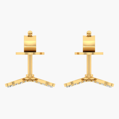 Gold earrings with a geometric design on a white background