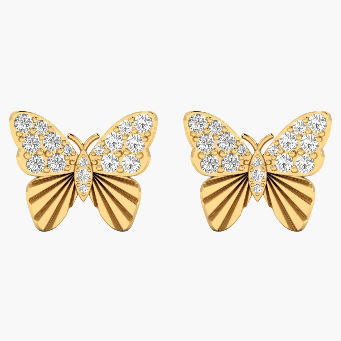 Gold butterfly earrings with diamond accents on a white background