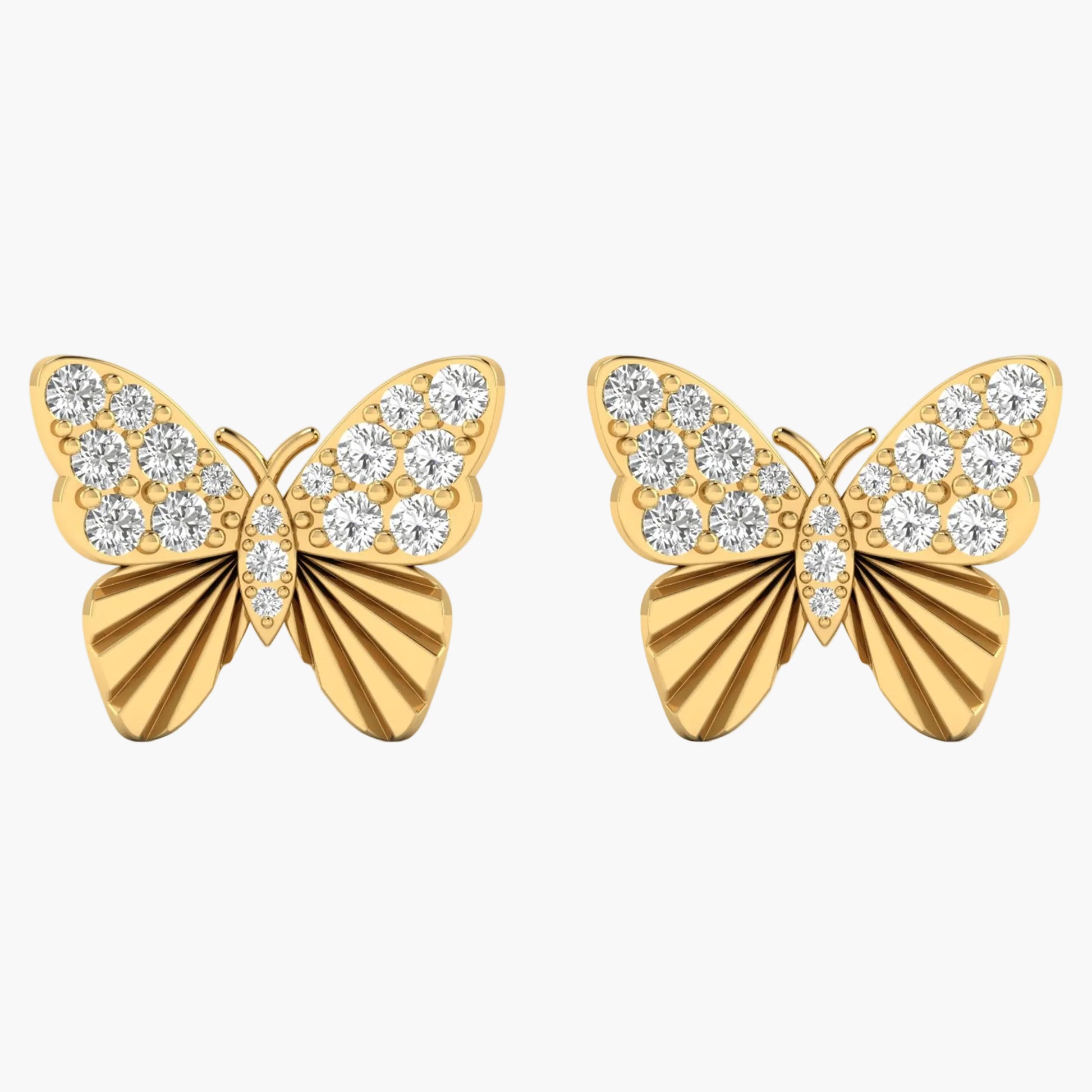 Gold butterfly earrings with diamond accents on a white background