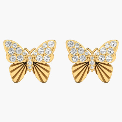 Gold butterfly earrings with diamond accents on a white background