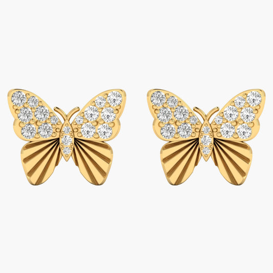 Gold butterfly earrings with diamond accents on a white background