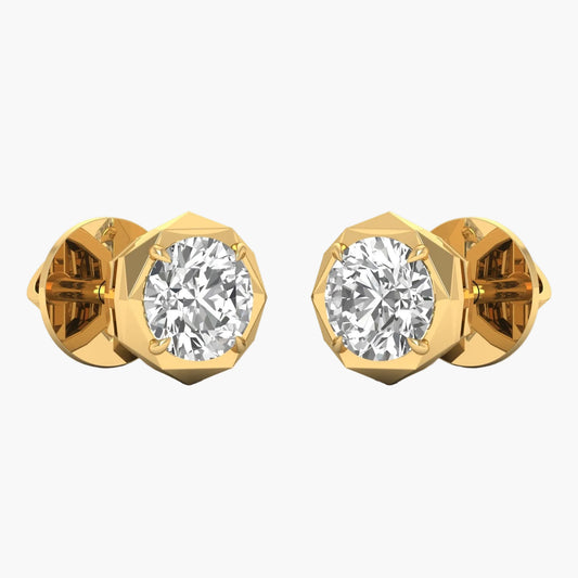 Gold earrings with clear gemstones on a white background