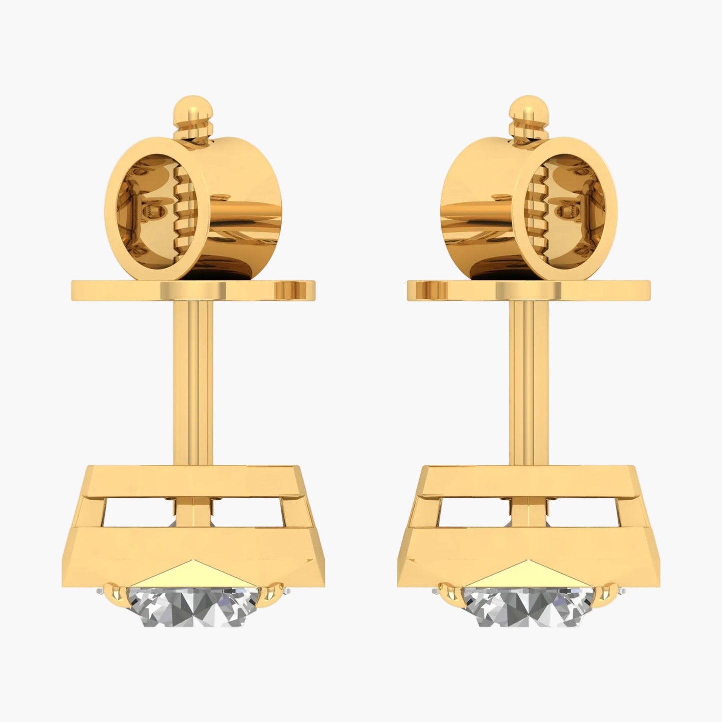 Gold earrings with a geometric design on a white background