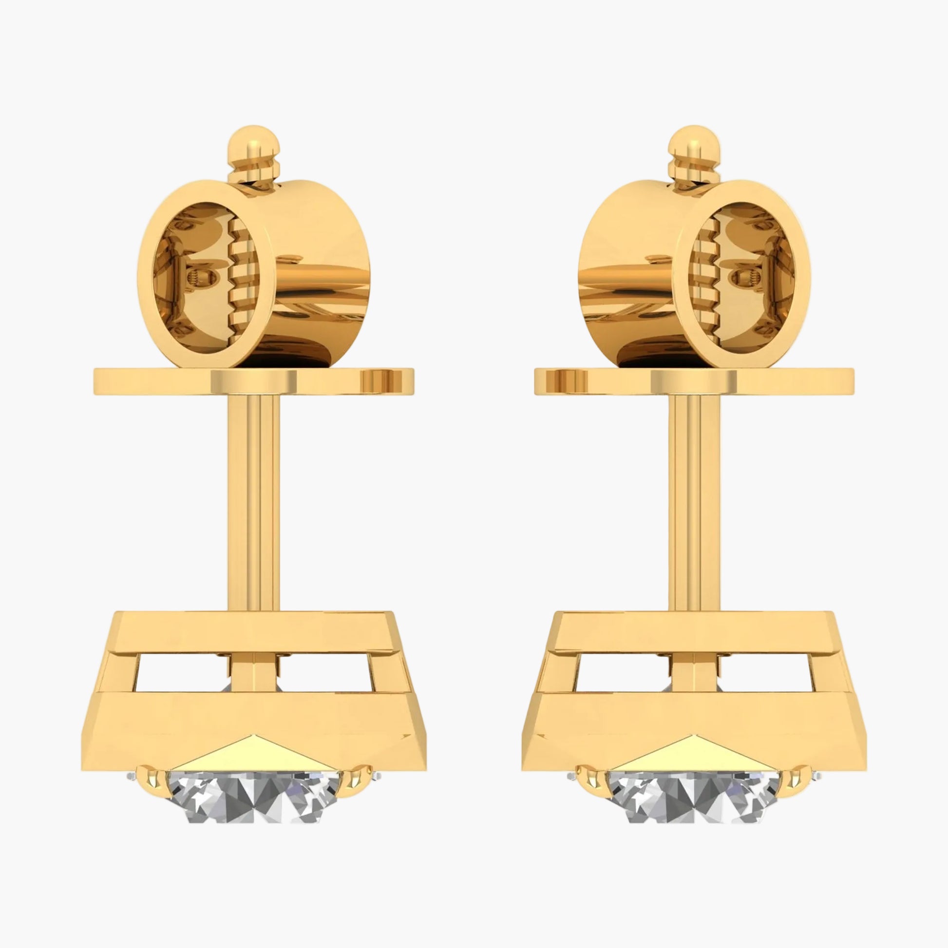 Gold earrings with a geometric design on a white background