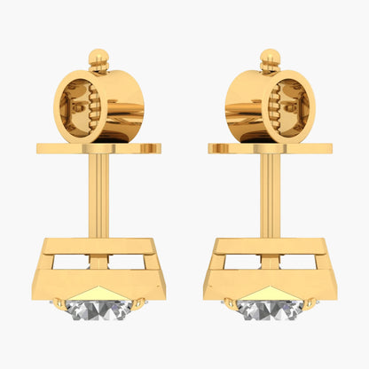 Gold earrings with a geometric design on a white background