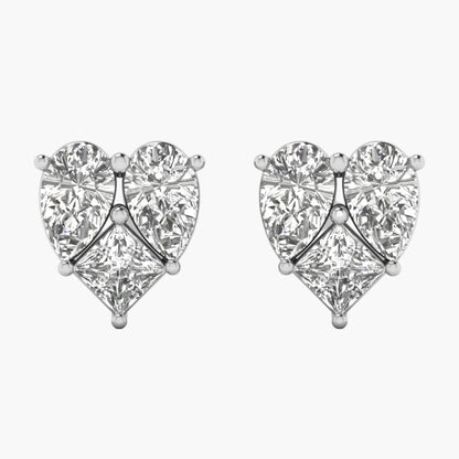 Heart-shaped diamond earrings on a white background