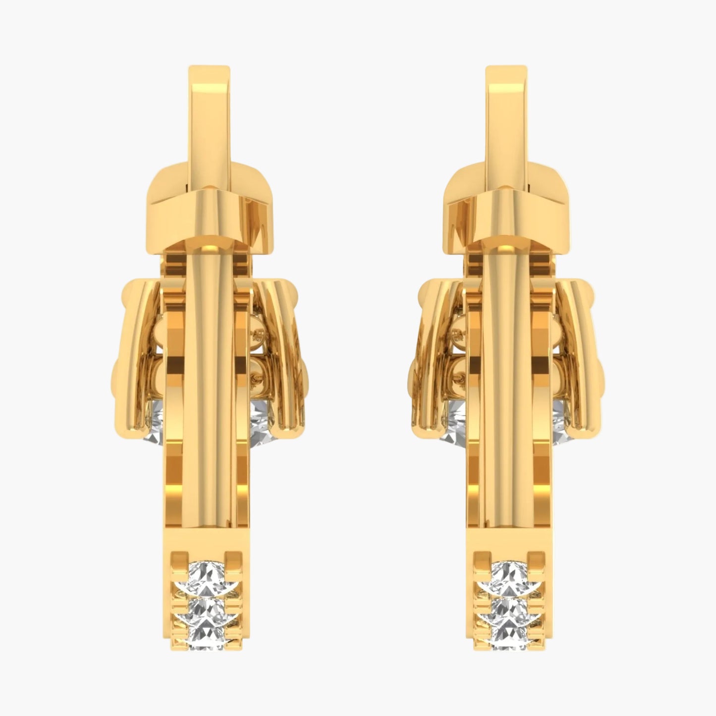 Gold earrings with diamond accents on a white background