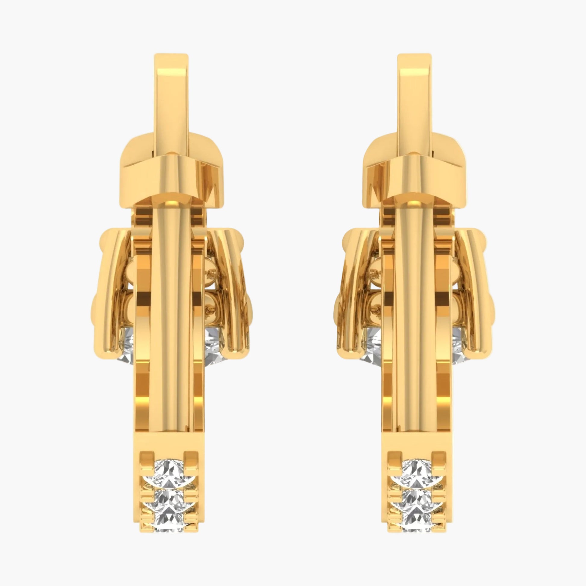 Gold earrings with diamond accents on a white background