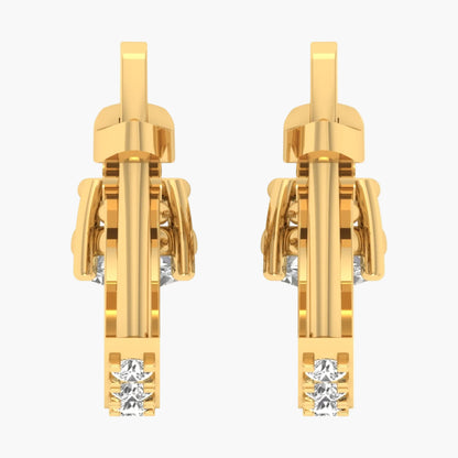 Gold earrings with diamond accents on a white background