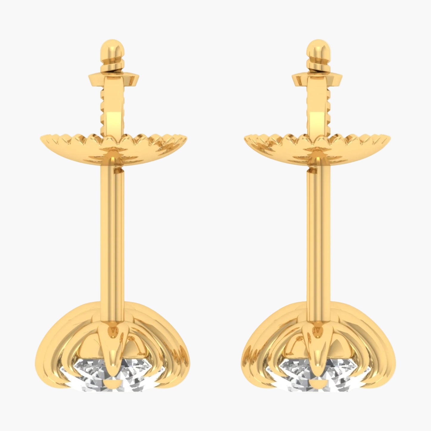 Pair of gold earrings with clear gemstones on a white background