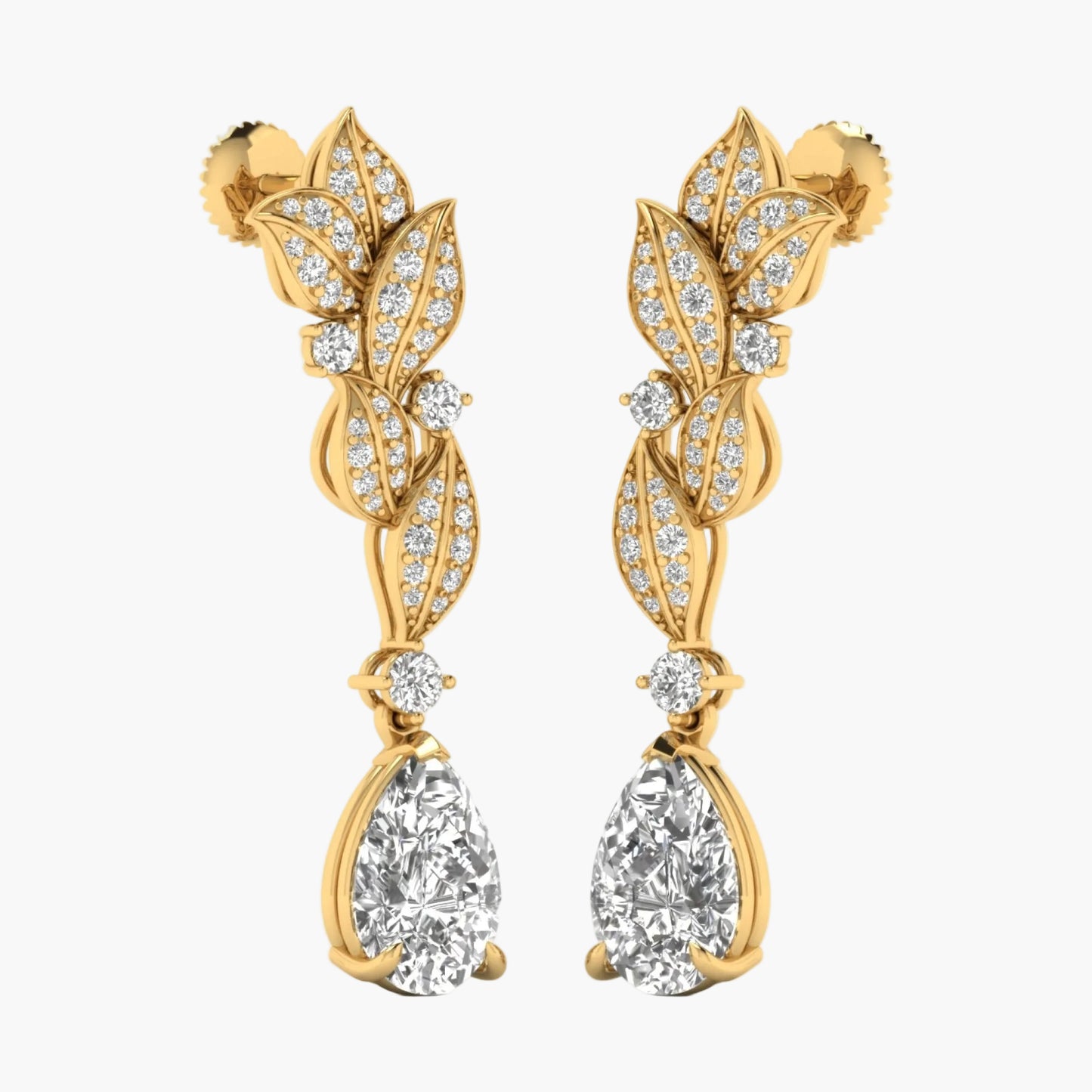 Gold earrings with leaf design and clear gemstones on a white background