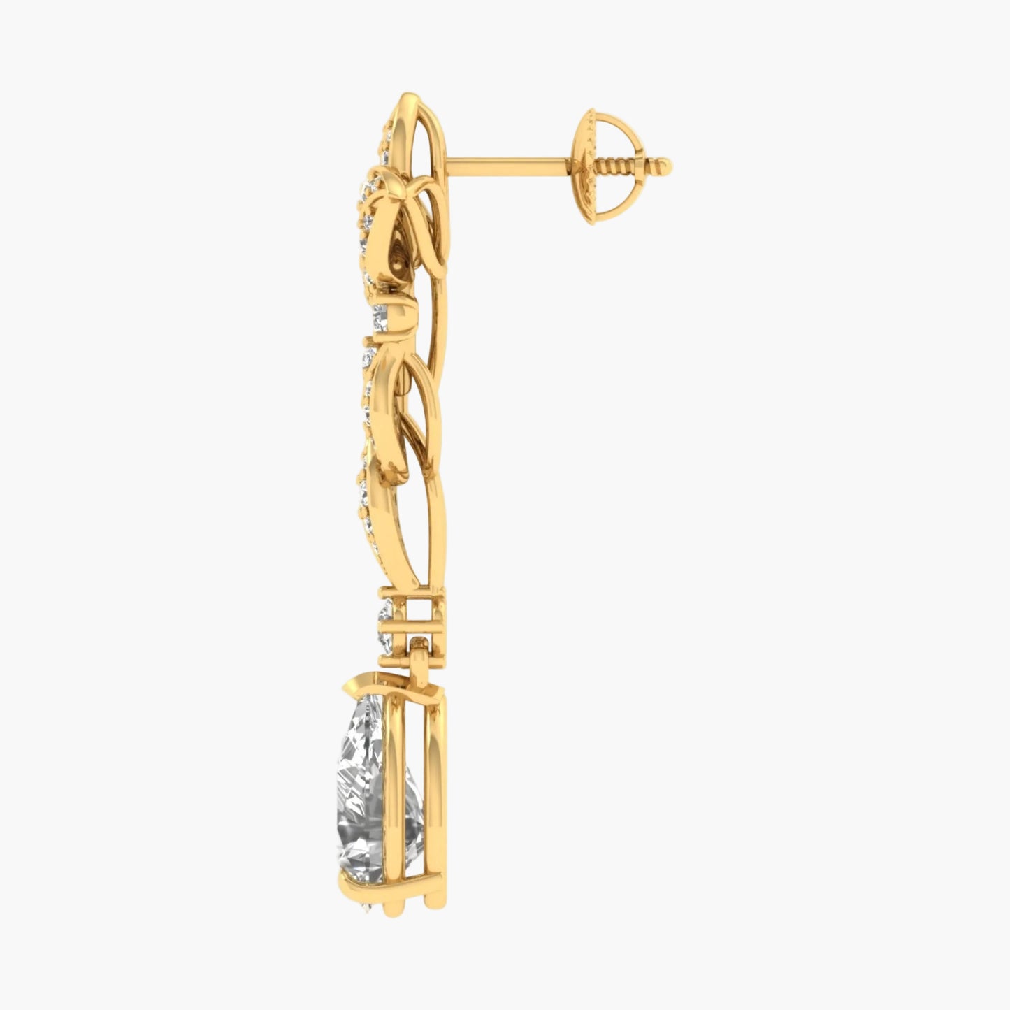 Gold earring with a clear gemstone on a white background
