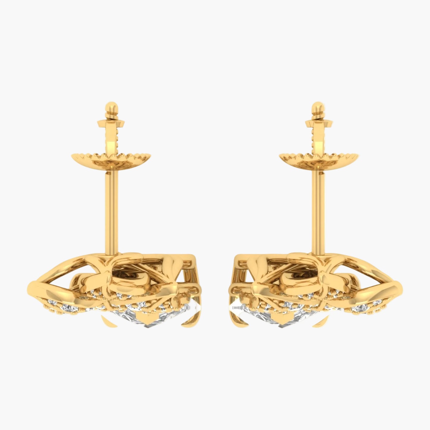 Gold earrings with intricate design on a white background