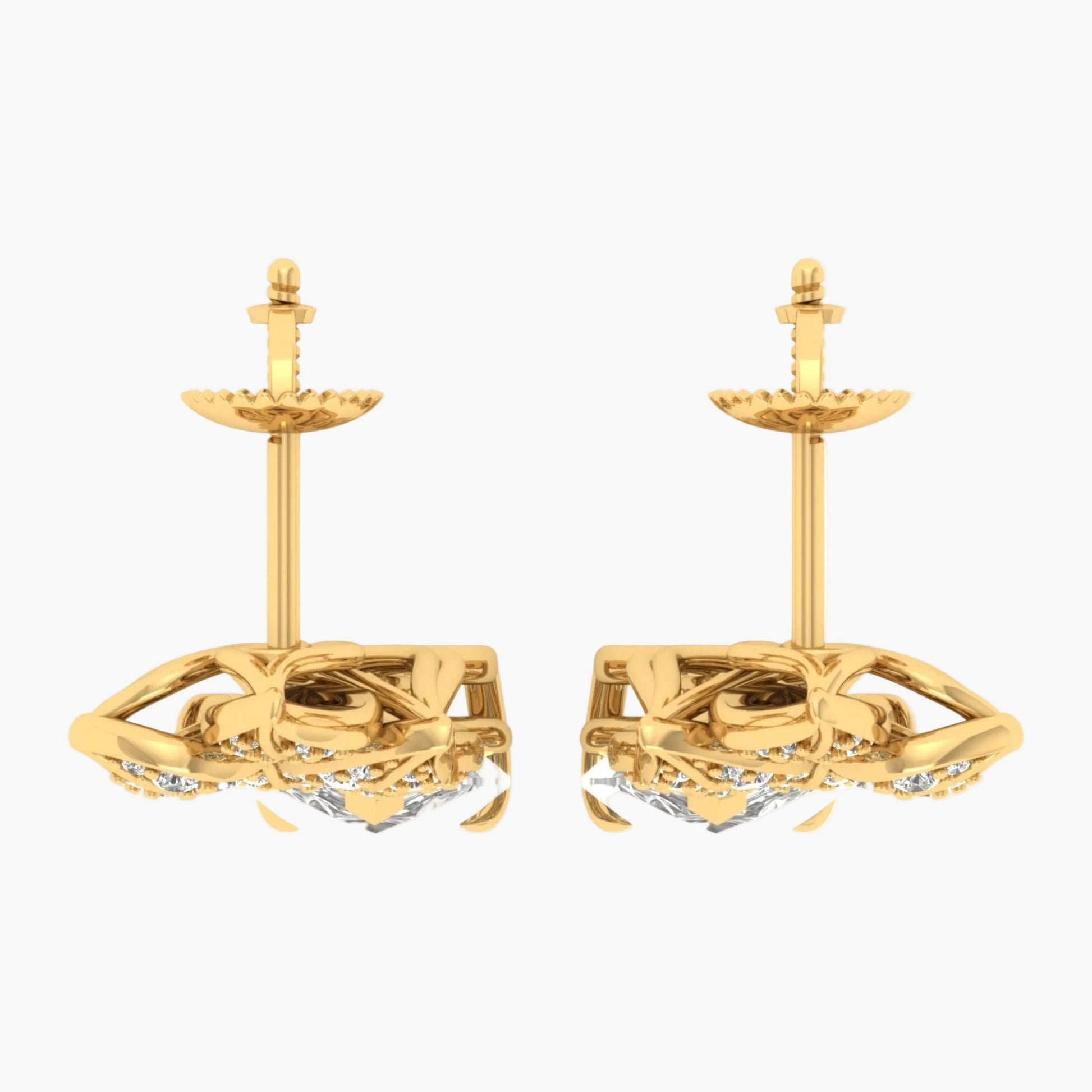 Gold earrings with intricate design on a white background