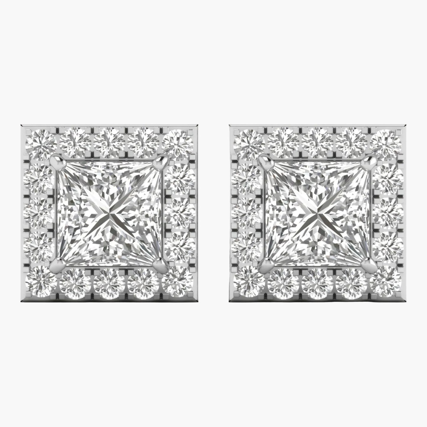 Pair of diamond square stud earrings on a white background