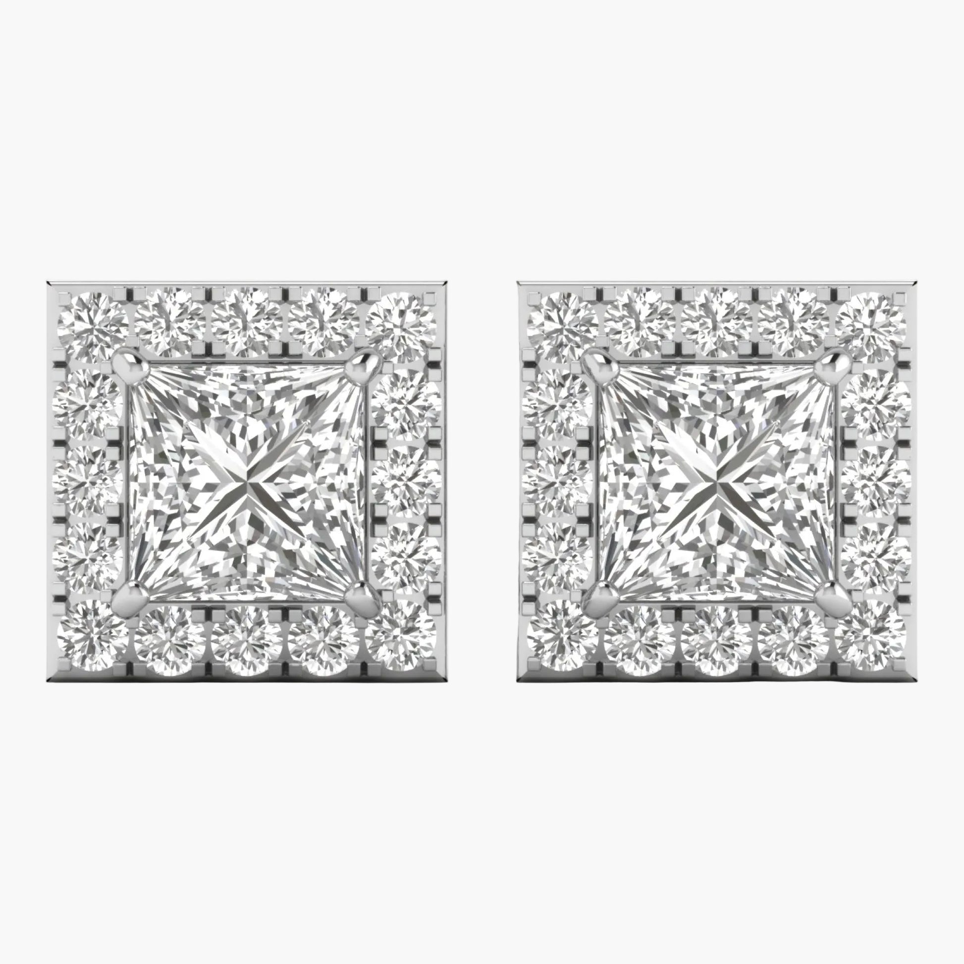 Pair of diamond square stud earrings on a white background