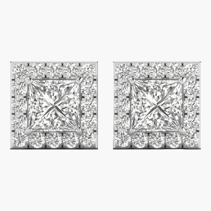 Pair of diamond square stud earrings on a white background