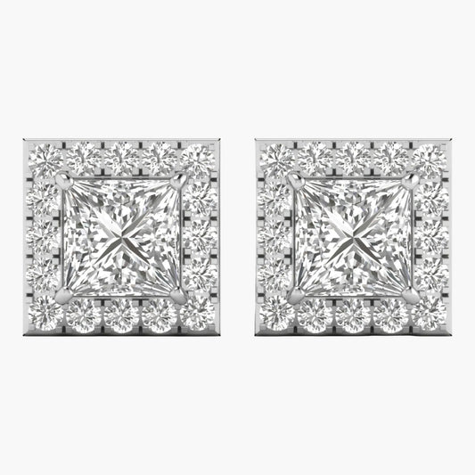 Pair of diamond square stud earrings on a white background