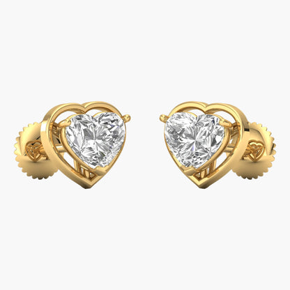 Gold heart-shaped earrings with clear gemstones on a white background