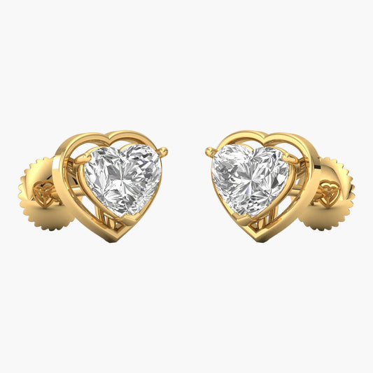 Gold heart-shaped earrings with clear gemstones on a white background