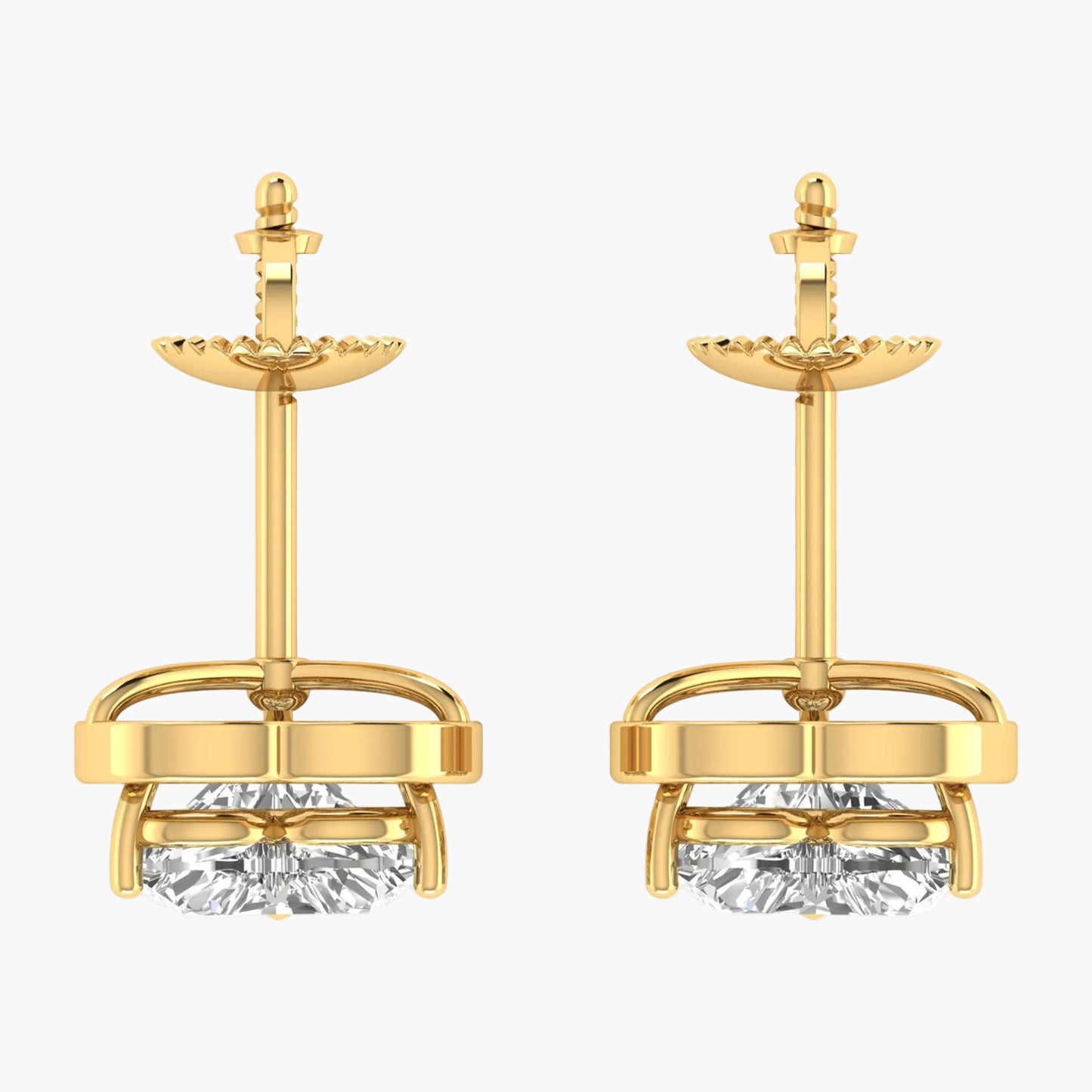 Gold earrings with clear gemstones on a white background