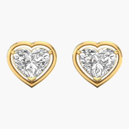 Heart-shaped diamond earrings with gold frames on a white background