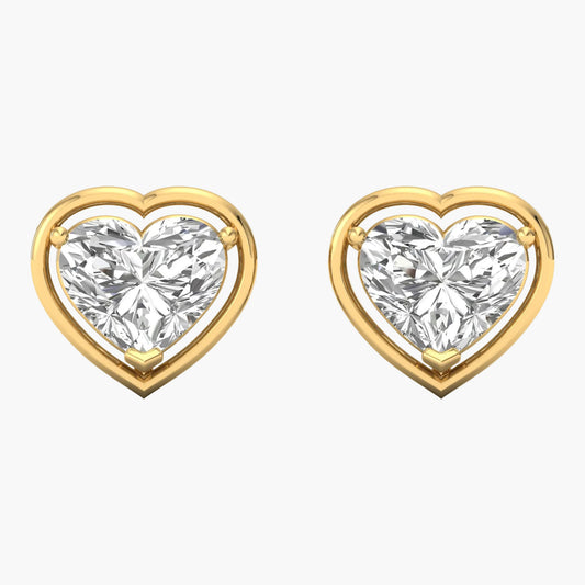 Heart-shaped diamond earrings with gold frames on a white background