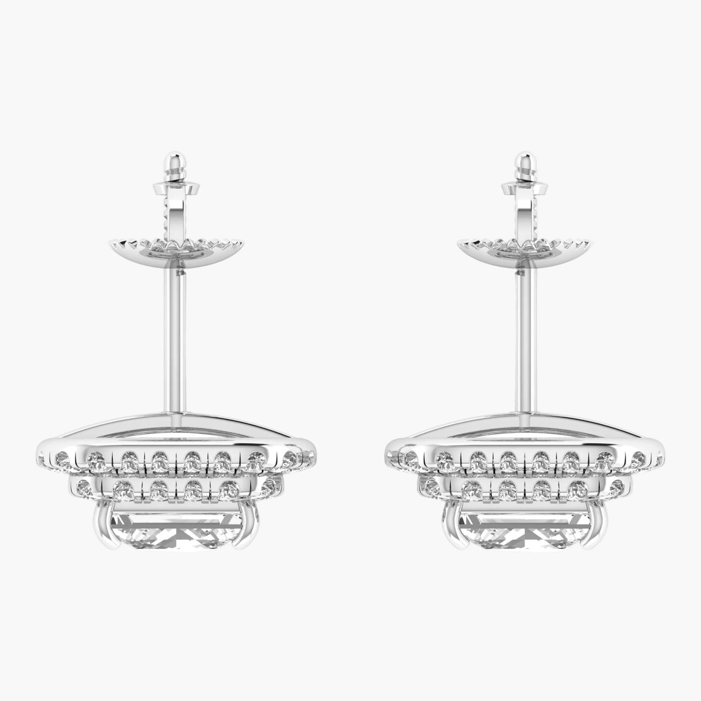 Two silver chandeliers with crystal accents on a white background