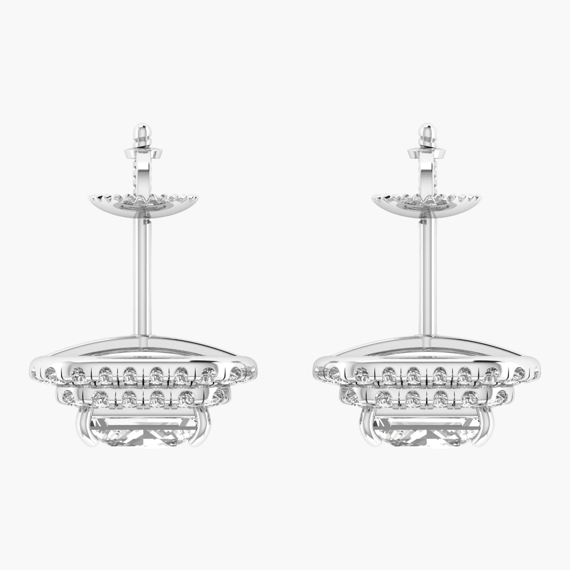 Two silver chandeliers with crystal accents on a white background