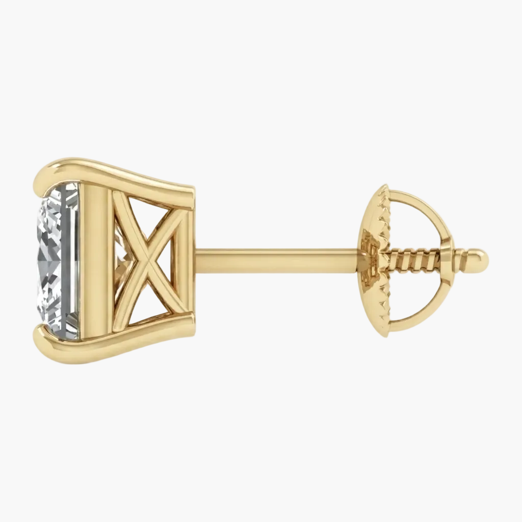 A yellow gold stud earring featuring a marquise-cut clear gemstone in an open geometric setting, shown from a side profile against a light gray background.