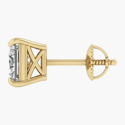 A yellow gold stud earring featuring a marquise-cut clear gemstone in an open geometric setting, shown from a side profile against a light gray background.