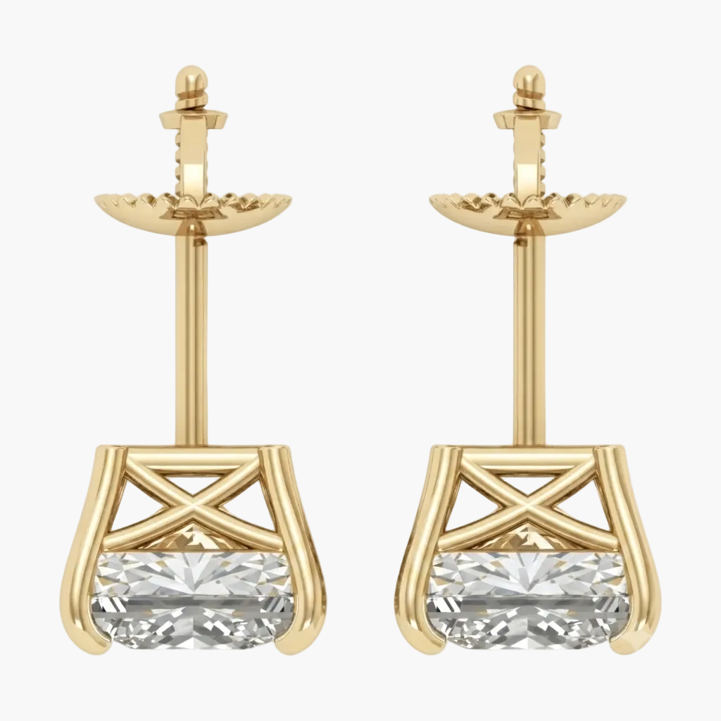 A pair of gold post earrings with a large clear rectangular gemstone in a basket-style setting, shown against a plain light gray background.