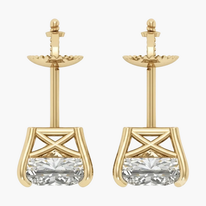 A pair of gold post earrings with a large clear rectangular gemstone in a basket-style setting, shown against a plain light gray background.